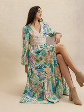 Slit Printed V-Neck Long Sleeve Midi Dress OutfitFlow